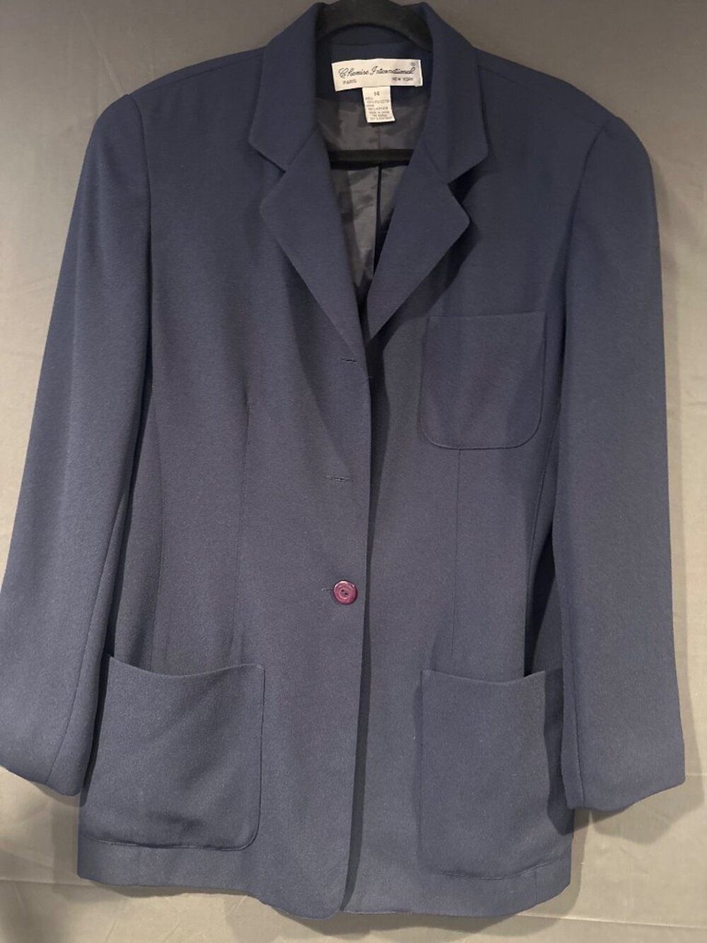 Vintage Chemise International Women 14 Navy Blazer Oversized 90s Minimalist Acad